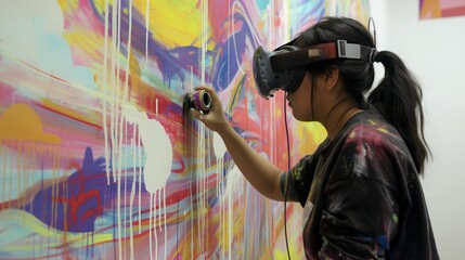 Asian woman wearing VR glasses painting wall apple brand virtual reality creating colorful abstract art artist brushes palette knives vibrant colors reflect light glass depth dimension artwork