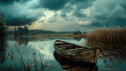 Fototapeta premium The image showcases an old, weathered wooden boat resting in shallow water near the edge of a tranquil lake. The boat is moss-covered with noticeable signs of decay. Surrounding the boat are tall reed