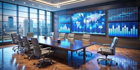 Modern Corporate Conference Room with City View and Financial Data Displays, corporate meeting room, office design, financial data visualization, business strategy