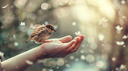 A small brown and white bird, likely a sparrow, is perched on an outstretched human hand. The background is softly blurred with bokeh effects created by delicate, floating flower petals which add an e