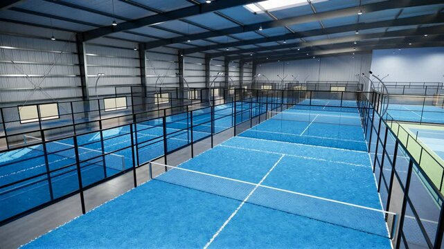 padel tennis courts inside empty warehouse sport complex building