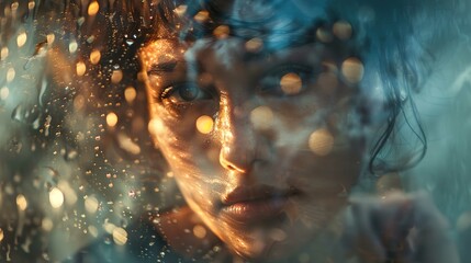 Fototapeta premium The image is an artistic, atmospheric photograph of a woman's face, appearing through a wet, rain-covered surface with bokeh light effects. The lighting casts a soft, warm glow on her features, creati