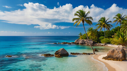 Fototapeta premium Summer vacation view with ocean and palms, tropical ocean beach paradise