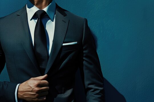 A man in a dark suit stands against a blue wall, adjusting his jacket with a confident hand. His white shirt and black tie complete the classic look