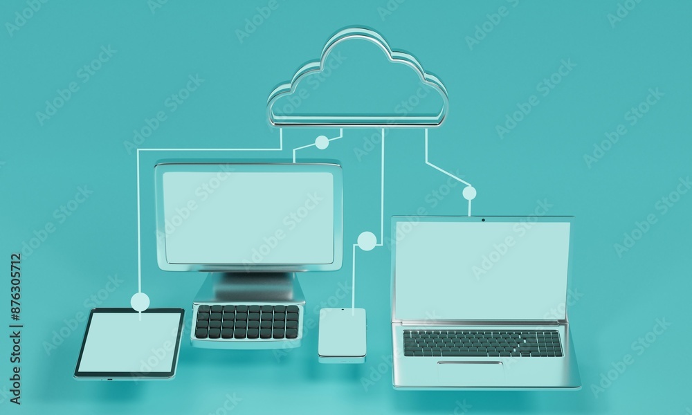 Poster cloud data storage concept with connected devices on blue background. 3d rendering