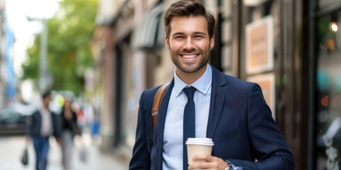A businessman, dressed in a sharp suit and carrying a coffee cup, smiles brightly as he walks through a bustling city street