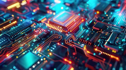 Obraz premium detailed view of an electronic circuit board featuring various illuminated components and integrated microchips