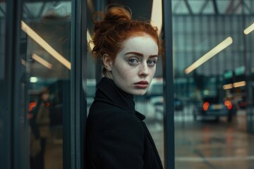 A woman with bright red hair leans against a glass pane, looking directly at the viewer with a serious expression
