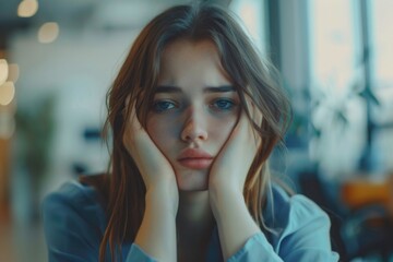 A woman with long brown hair gazes thoughtfully ahead, her blue eyes reflecting deep contemplation. Soft light in the background hints at an indoor setting like a cafe or office