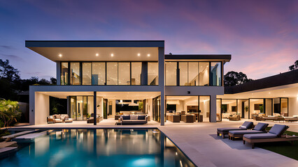 Fototapeta premium Dream home goals! A modern mansion with expansive windows and stunning landscaping defines luxury living