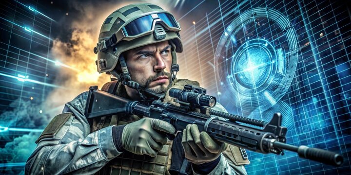 Soldier with Rifle in Front of Digital Interface, Digital Art, Military, Sci-fi ,  Soldier, Interface, Weapon, Future