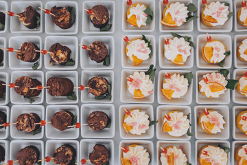 A lot of different mini appetizers on the table for a Banquet. Gourmet snacks for party, food catering service. Exotic snack dishes with natural ingredients. Beautifully decorated catering banquet 