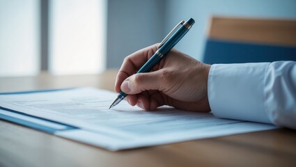 Close Up Of Hand Signing A Document With A Blue Pen