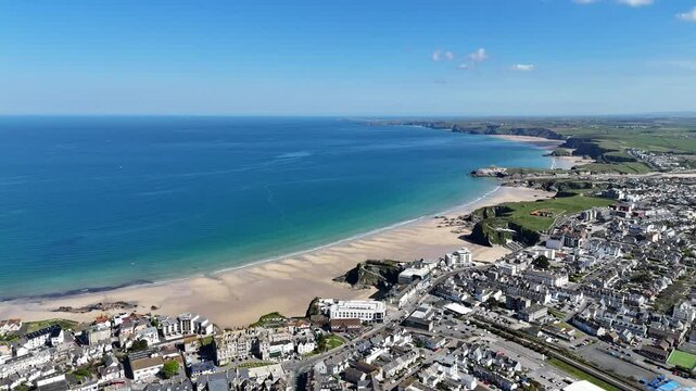 Towan Beach in Cornwall, Newquay's most central beach sheltered by Towan Head. Filmed with 4K drone