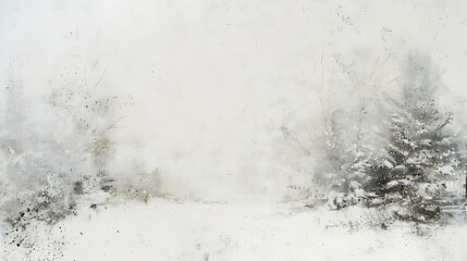 A minimalist winter scene featuring snow-covered trees barely visible against a white background, evoking a serene and ethereal atmosphere in a tranquil snowy landscape