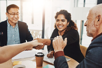 Business people, meeting and shaking hands in agreement for funding, teamwork or partnership. Collaboration, happy and investment banker greeting manager for financial advice and negotiation deal
