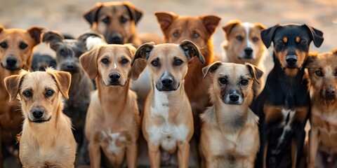 A diverse group portrait of stray dogs eagerly waiting for adoption. Concept Animal Adoption, Stray Dogs, Diverse Group, Waiting for Home, Heartwarming Moment