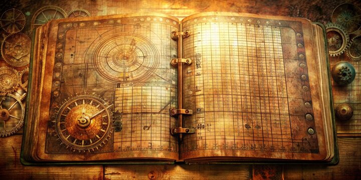 The Antiquarian's Tome A Steampunk Journal with Detailed Charts and Geared Mechanisms, steampunk , antique , journal , clockwork