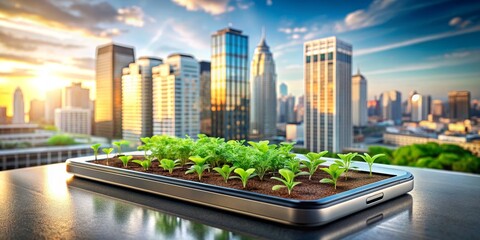 Fototapeta premium Urban Greenery Smartphone with Plants and Cityscape in Background, Sustainable Technology, Green City, Urban Farming, Smart City