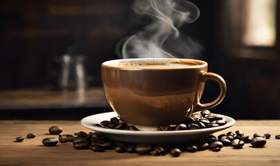 A cup of hot coffee on the table, coffee beans scattered nearby.