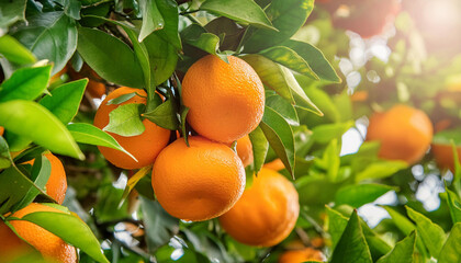 Ripe orange fruits on orange tree between lush foliage