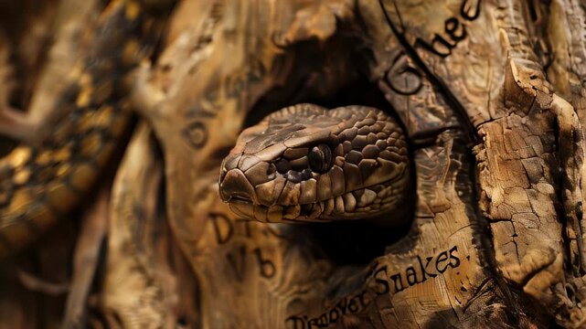 Close-up of snake slithering out hole in carved wooden background
