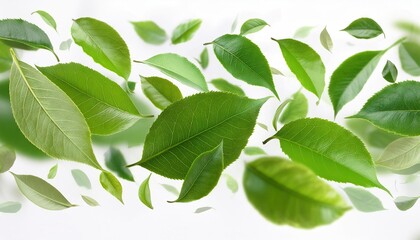 Floating Green Leaves Against White Background