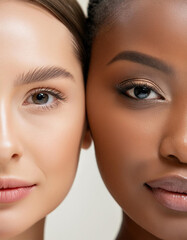 A close-up shot of two females with pale and dark skin tones, heads touching, looking directly into the camera. Their expressions convey unity and highlight the beauty of diversity.