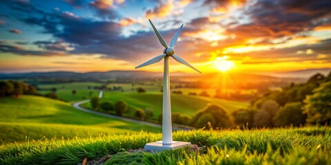 Obraz premium Wind Turbine Sunset, Green Field, Renewable Energy, Sustainability, Nature , wind energy, green energy, environmental