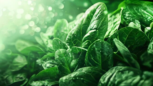 Fresh spinach leaves with water droplets, vibrant green background