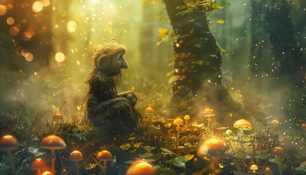 Dreamy troll figure in a fairy tale forest, surrounded by glowing mushrooms and magical dust, Fantasy, Soft lighting, Illustration, Mystical feel