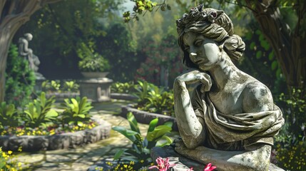 Obraz premium Adorned legend statue in a serene garden setting, Fantasy, Stone texture, 3D rendering, Historical design
