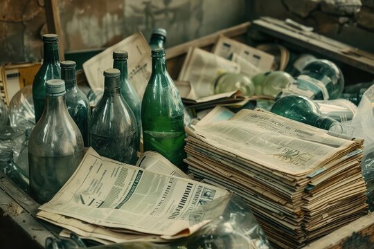 Rubbish pile with old newspapers and bottles, soft vintage tones, Retro, Digital Collage