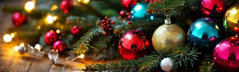 Banner of the Christmas and New Year background. Top view of a Christmas ball, a Christmas wreath, a star and a snowflake on a dark background with a place for text.