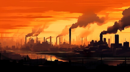 industrial cityscape with silhouettes of factories and smokestacks against the skyline. Generative Ai
