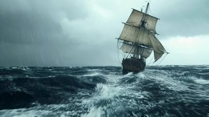 Sailing ship sailing at sea, overcast, storm in the ocean