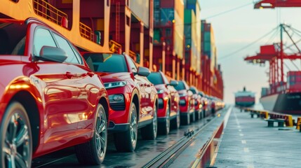 A close-up of a vehicle carrier vessel loading cars for global shipping. Large RoRo (Roll-on/Roll-off) car carriers and new cars are lined up at the port for import and export worldwide.