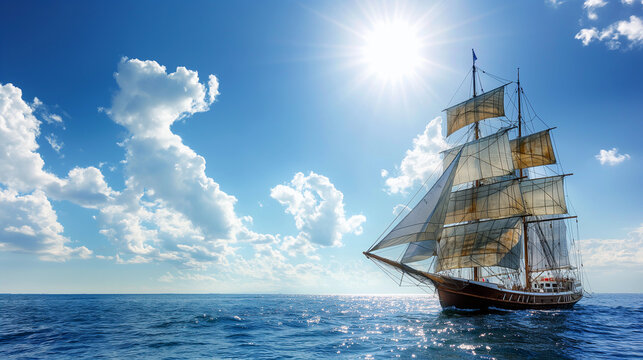 Sailing ship sailing at sea, sunny day, calm in the ocean