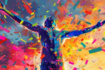 Obraz premium Abstract painting of a person with arms raised in celebration surrounded by colorful confetti.