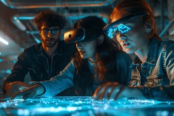 Fototapeta premium Three young adults collaborate on a project using VR technology, their expressions focused and engaged.