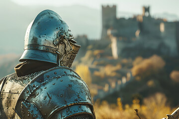 Fototapeta premium A medieval knight in shining armor, with a castle in the distance.