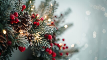 A wreath of Christmas tree branches with red berries and pine cones. Christmas background
