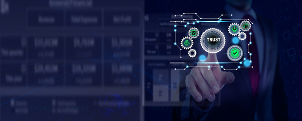 The concept of credibility, reputation, and trust is discussed by a businessman who uses a virtual screen to establish trust with their business team.