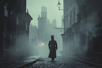 A Victorian-era detective in a foggy London street.  