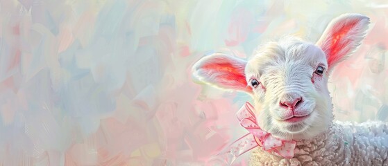 Watercolor baby lamb with a bow and ample copyspace on a soft background