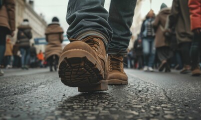 close-up shot of shoes and legs walking on street in city center during daytime with brown work boots seen from behind on asphalt alongside the crowd capturing everyday urban movement