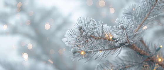 A tree branch covered in snow and lights. Christmas background