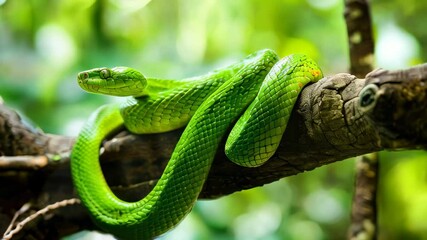 Vibrant green snake on branch in lush forest