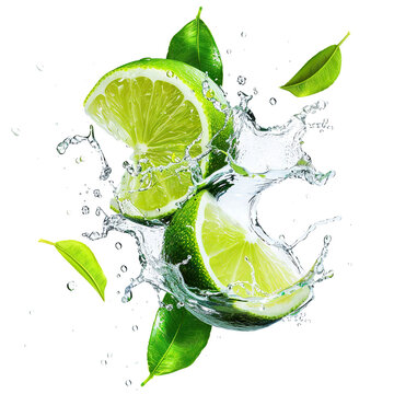 Fresh limes splashing with leaves, cut out