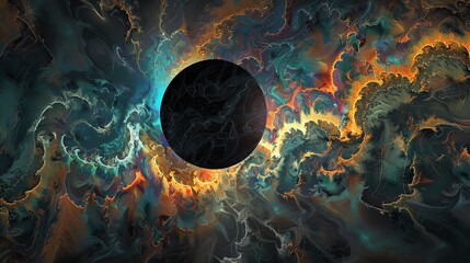Abstract cosmic art with a black sphere surrounded by swirling, colorful nebulae.